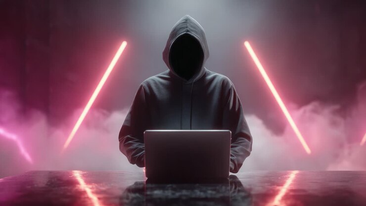 Mystisk person i hættetrøje, der betjener bærbar computer omgivet af neonfarvet lys og tåge, skaber en spændingsfyldt og dragende atmosfære af teknologi og anonymitet