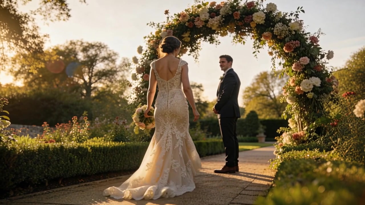 Gående brud i blondekjole nærmer sig gommen i smoking for at aflægge løfter i en have, med en blomsterbue.