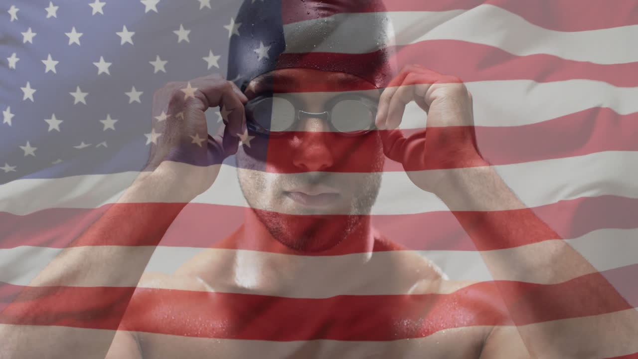 animación de la bandera de los ee.uu. sobre nadador masculino biracial