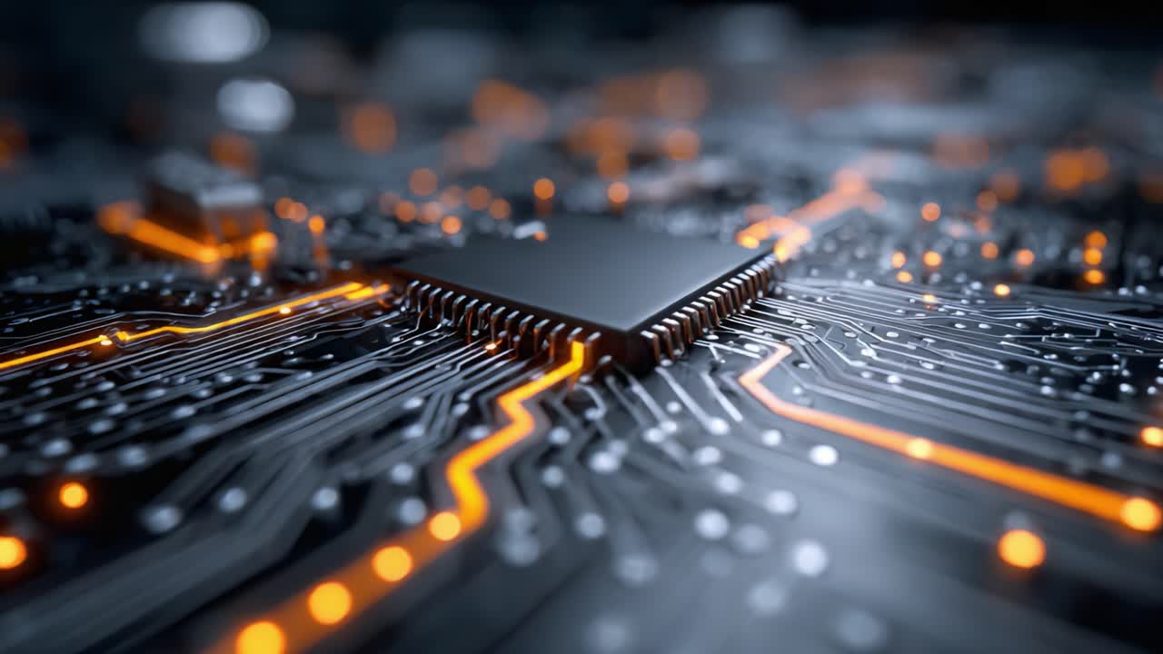 A close-up view of a modern circuit board showcasing intricate details of the microchip and electrical pathways illuminated with vibrant orange lights