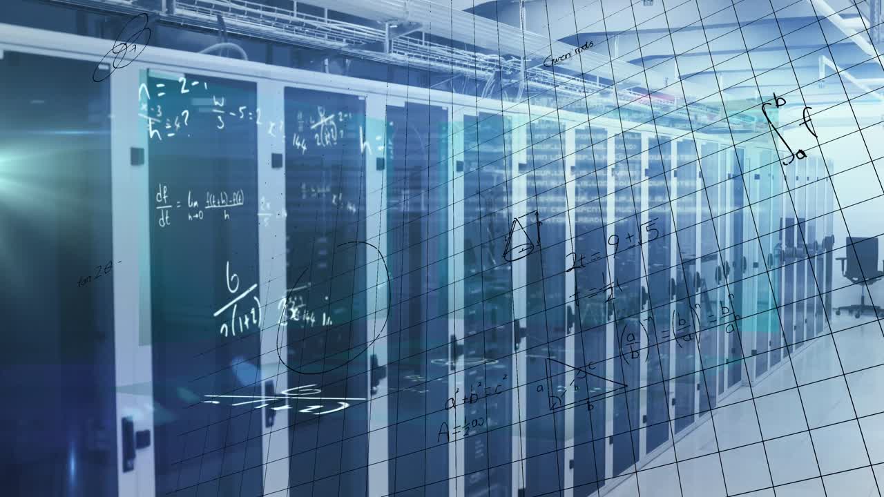 Animation of processing data and maths calculations over computer server room
