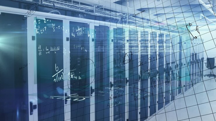 Animation of processing data and maths calculations over computer server room