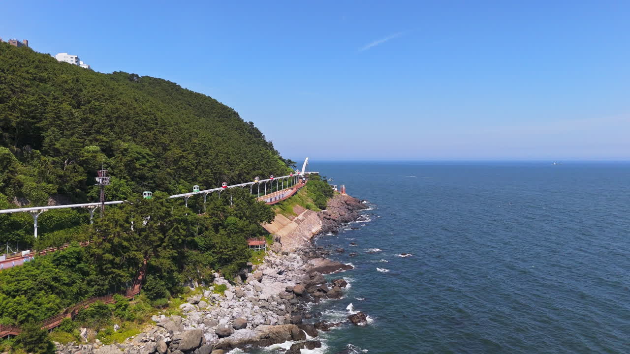 Aerial view away from the Haeundae Sky Capsule in Busan, sunny day in South Korea