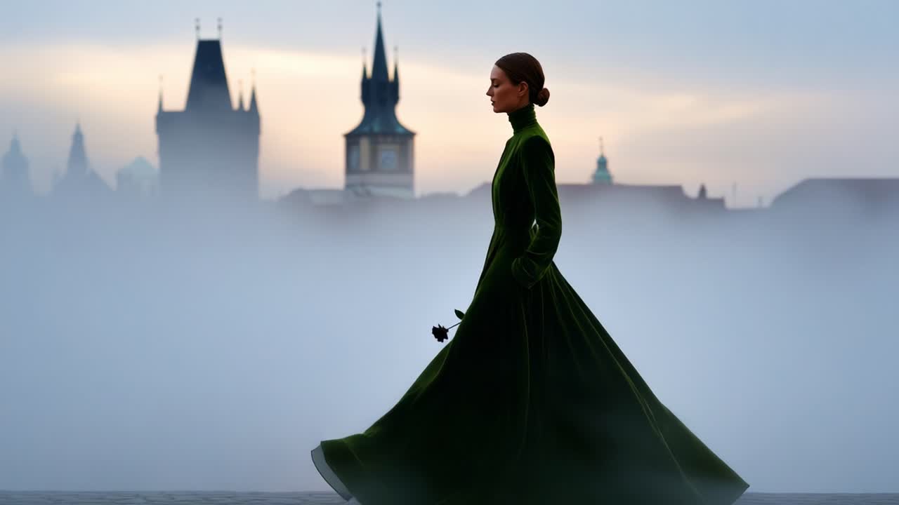 A Serene Figure in an Elegant Green Dress Walks Through the Misty Landscape, Her Silhouette Gracefully Framed Against the Soft Background of Historic Towers and Fog