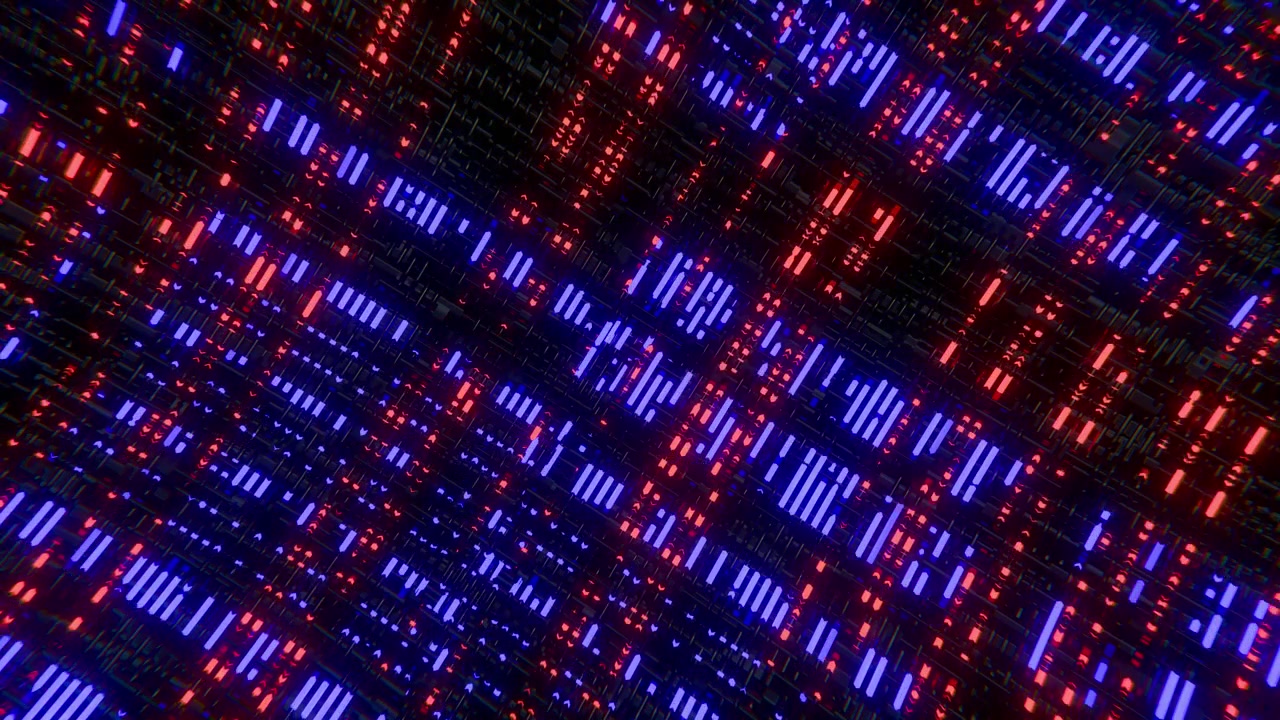 Futuristischer digitaler Schaltkreis mit leuchtenden roten und blauen Lichtern
