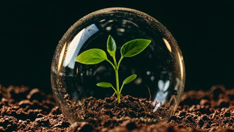 green plant emerging from soil inside glass bubble symbolizes sustainability and eco-friendly practices