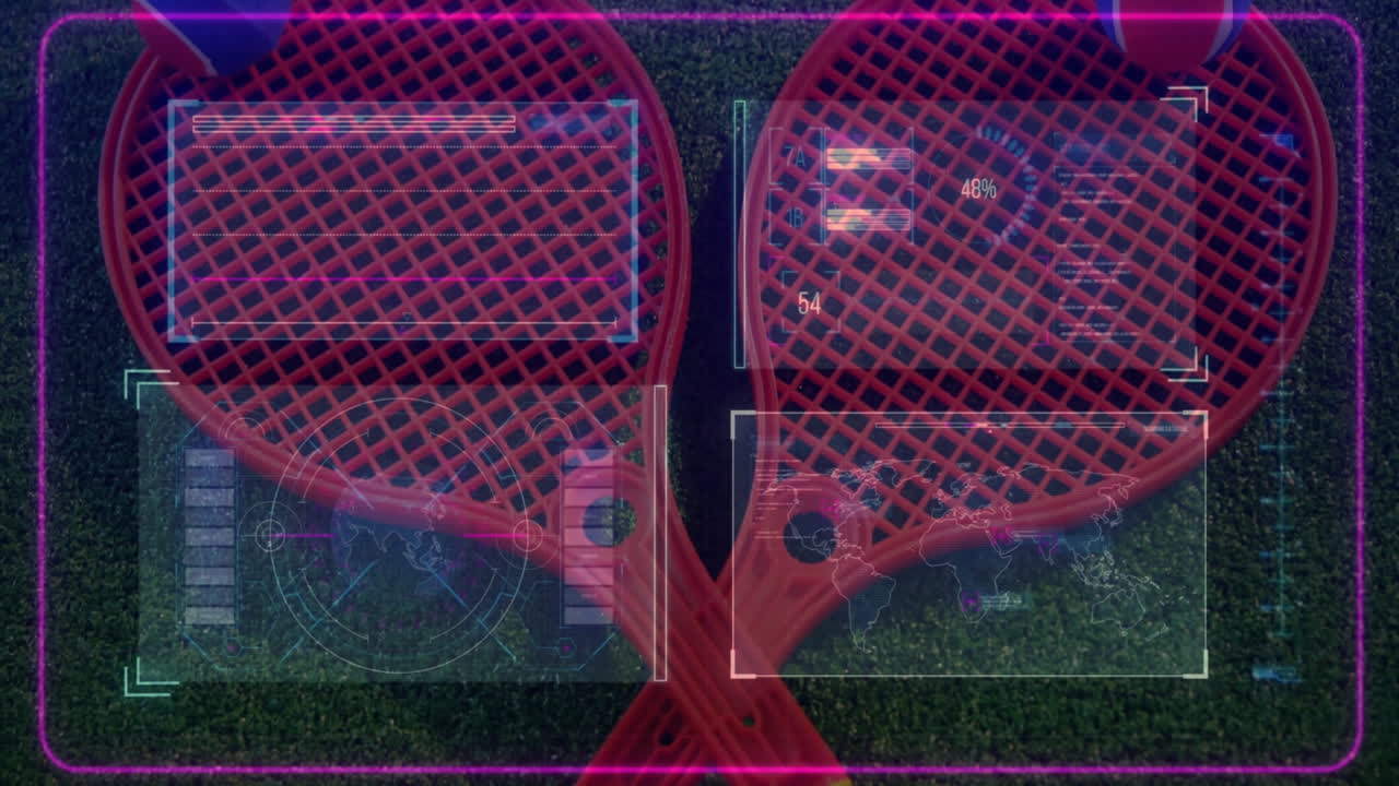 Two red padel rackets crossing on green turf while futuristic neon HUD analytics floating overhead