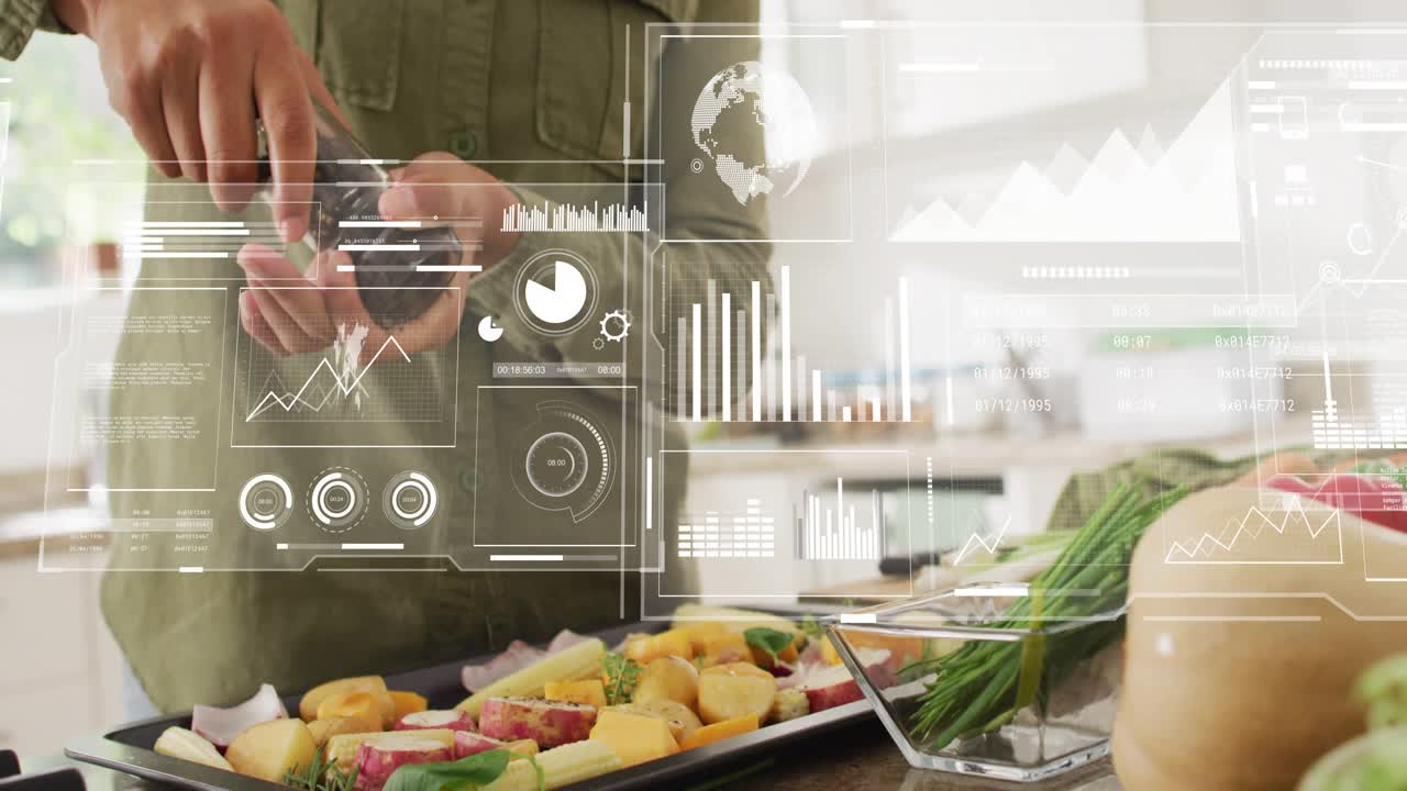 Home cook twisting pepper grinder over squash, initiating HUD panels shifting for seasoning tech