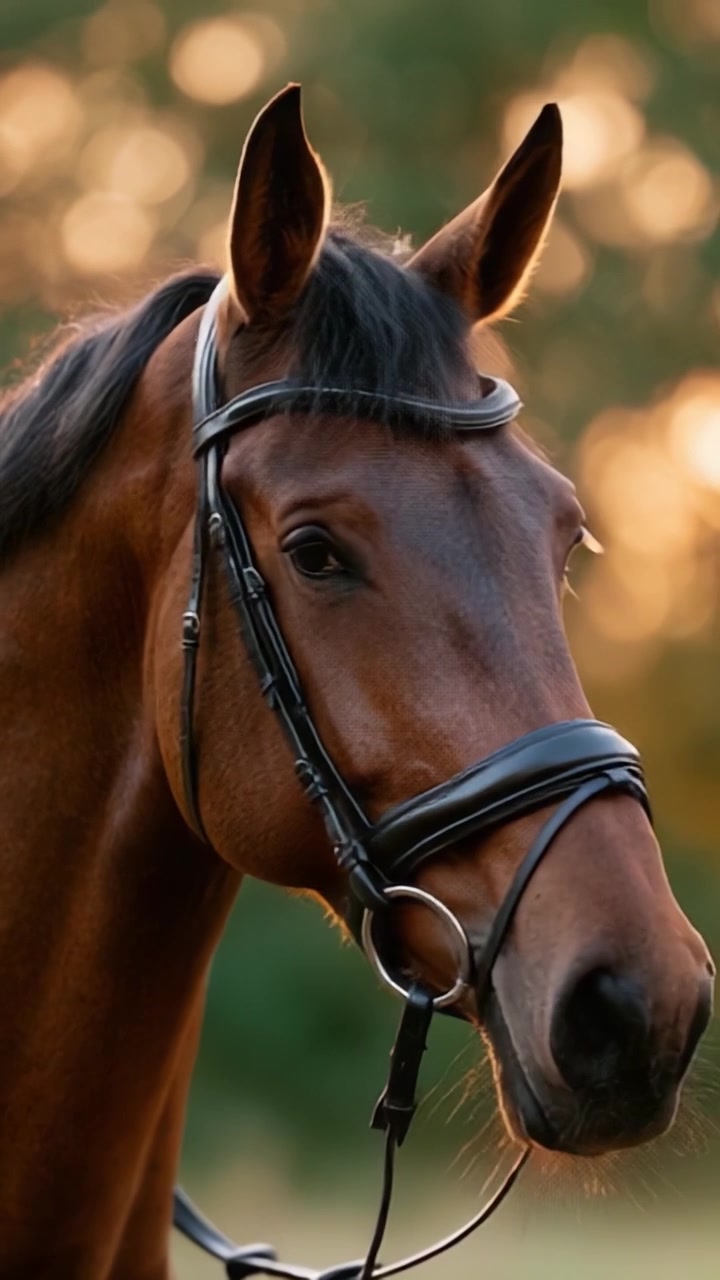 Ritratto accattivante di un maestoso cavallo baio con briglia, che mostra bellezza ed eleganza su uno sfondo naturale leggermente sfocato