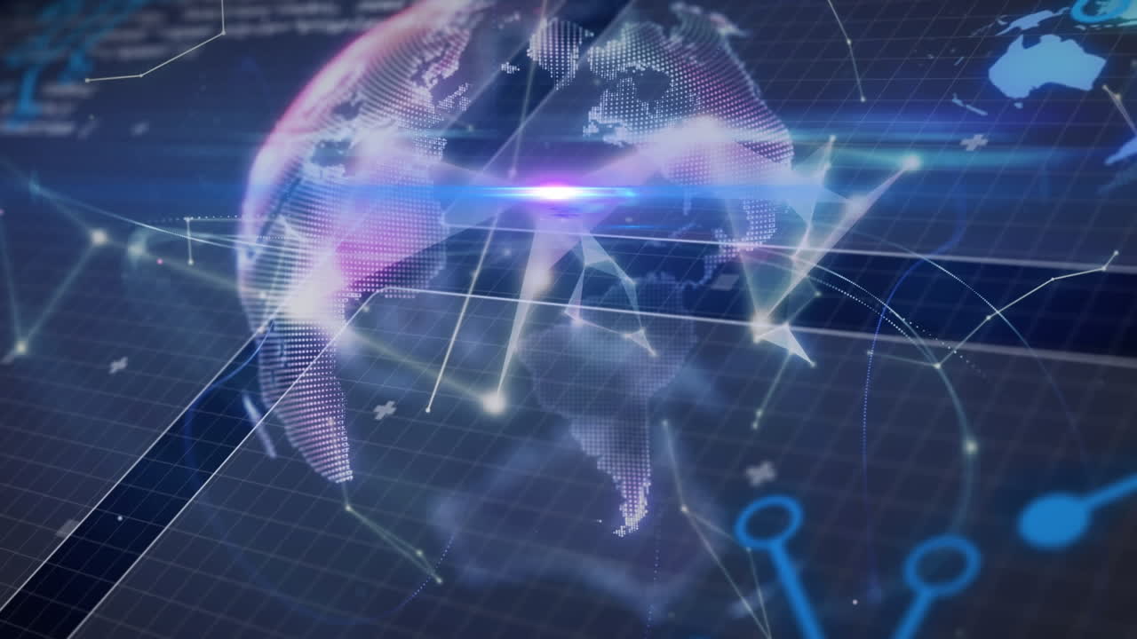 연결된 점 위의 지구의 애니메이션과 렌즈 플레어에 대한 컴퓨터 언어