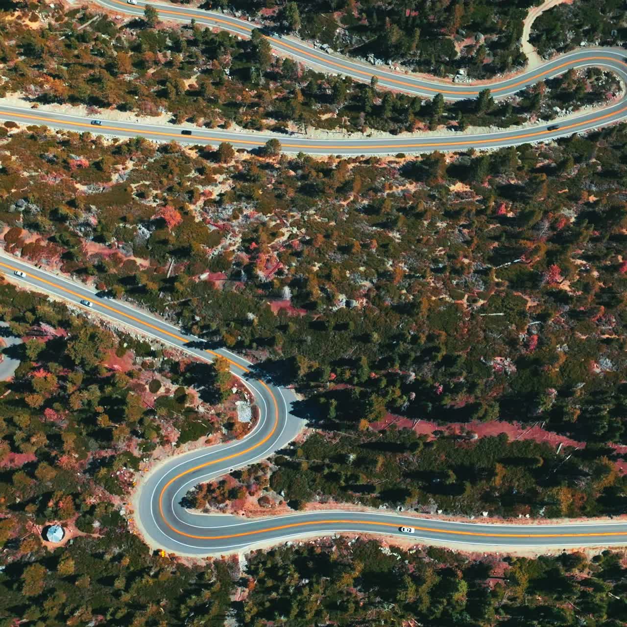 Mountainous landscape crossed by the twisted road. Sunny day footage over the wooded territory from aerial perspective