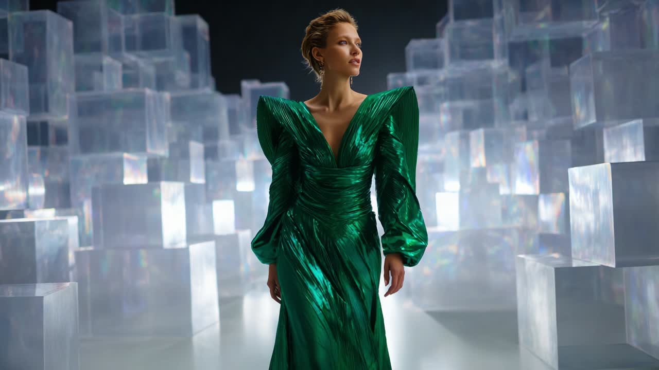 Elegant woman in emerald couture dress