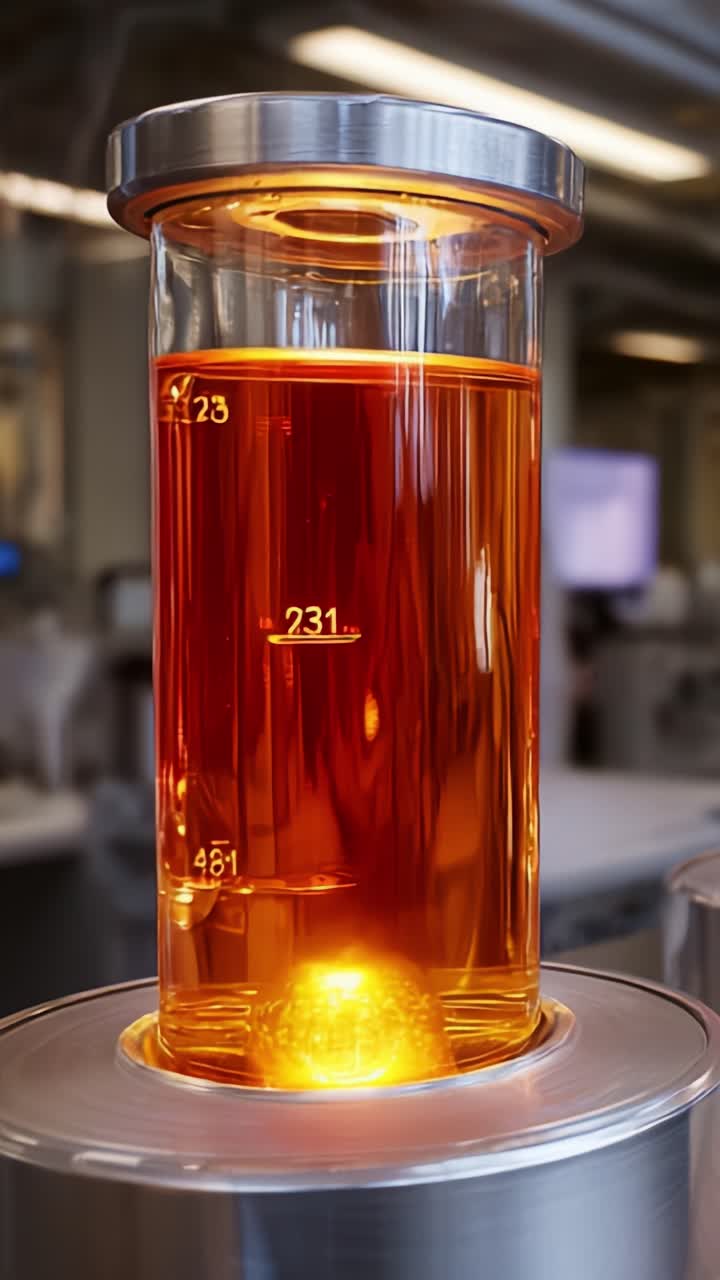 Illuminated Laboratory Experiment: Vivid Amber Liquid in a Glass Cylinder with a Glowing Orb at the Bottom Showcasing Intriguing Scientific Phenomena