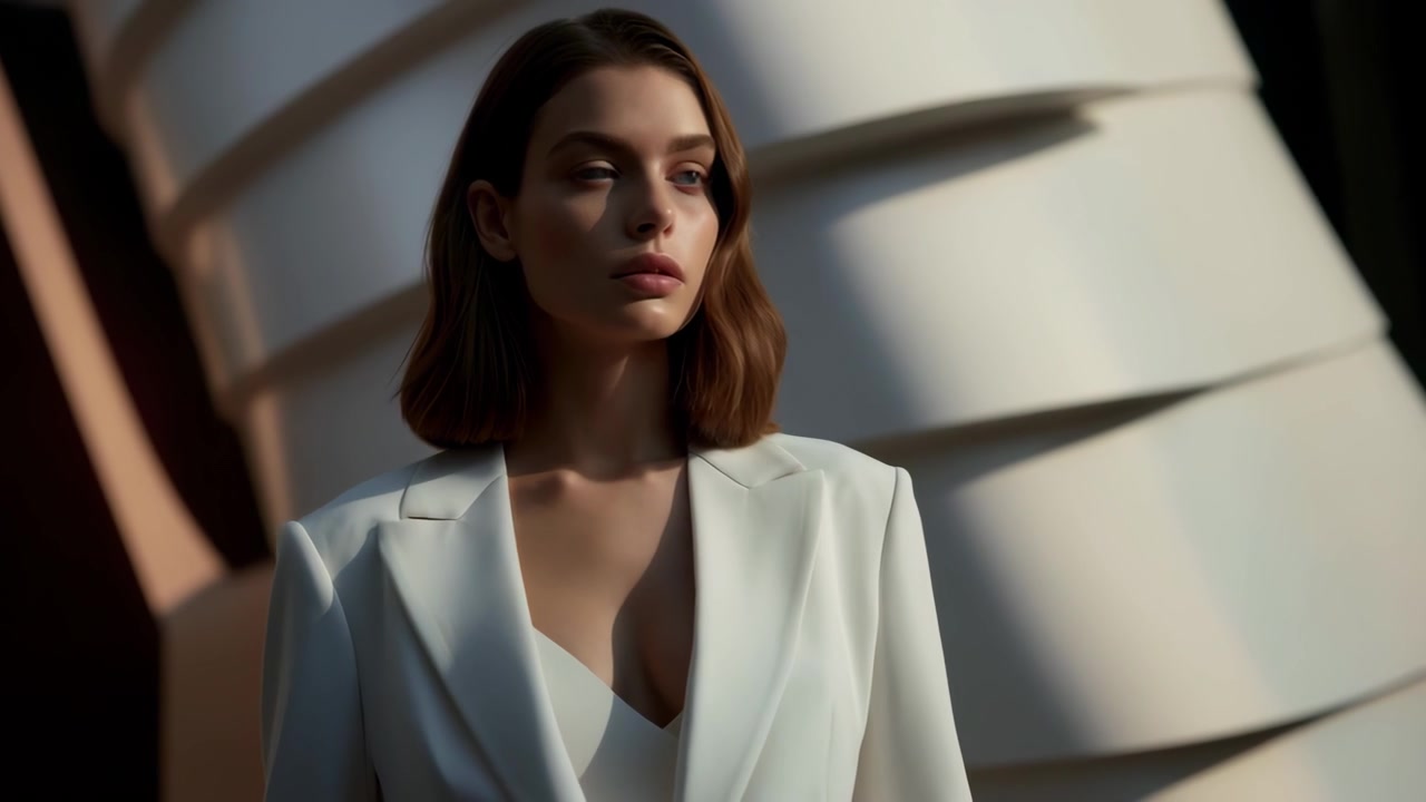 Mujer elegante con blazer blanco posando frente a arquitectura moderna