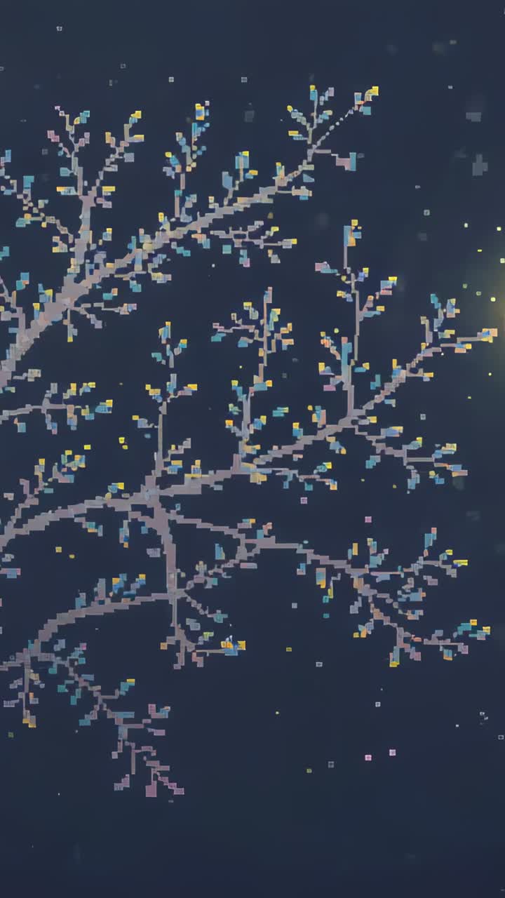 Vertical video: Starting frame pixel branch glinting snow falling orb glowing band showing at night