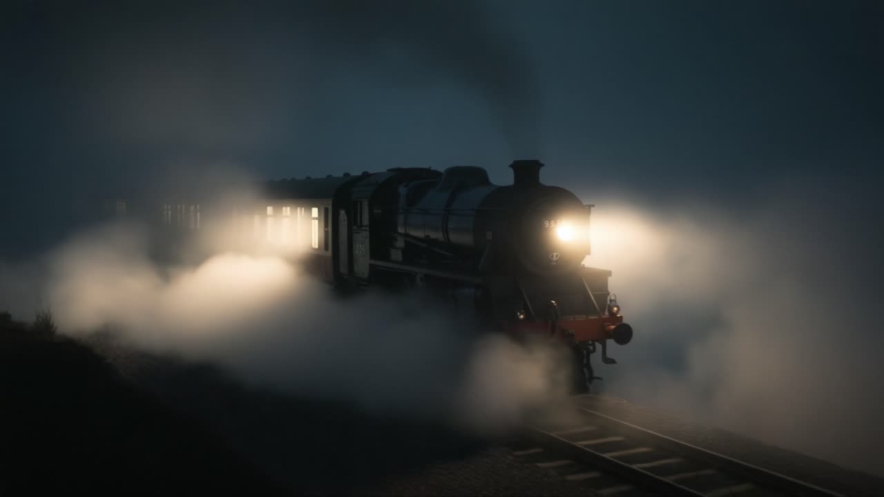 A Mystical Journey Through the Fog: An Enigmatic Steam Train Illuminates the Darkness, Revealing Its Majestic Presence Amidst the Ethereal Mist and Shadows
