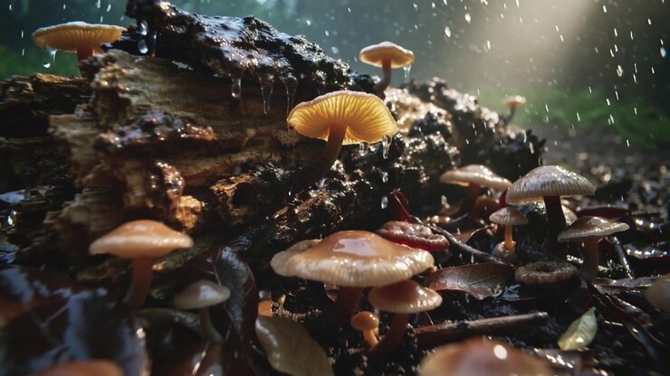 Glowing translucent gilled mushroom catching sunbeam, shedding raindrops on decaying log