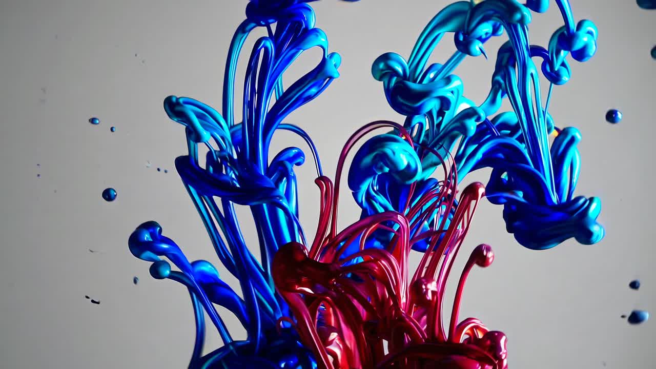 Vibrant ink swirls in water, captured from a low-angle view