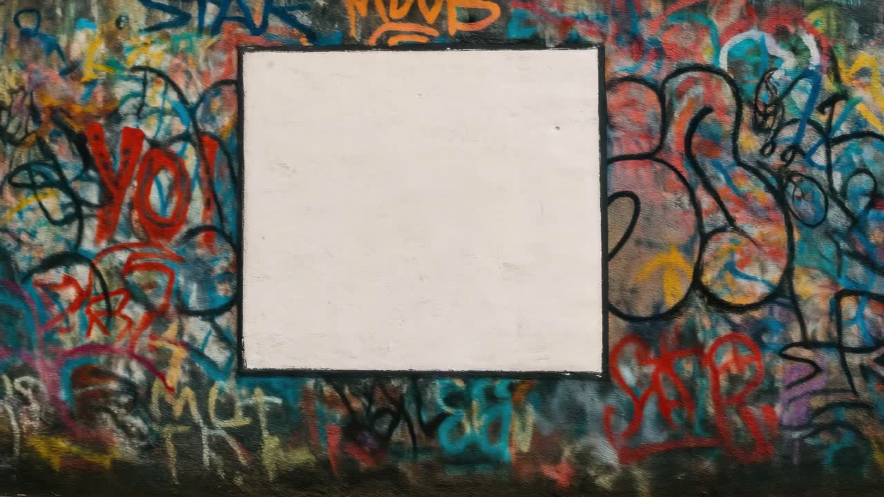 A vibrant graffiti wall with a blank white square in the center, captured from a straight-on angle