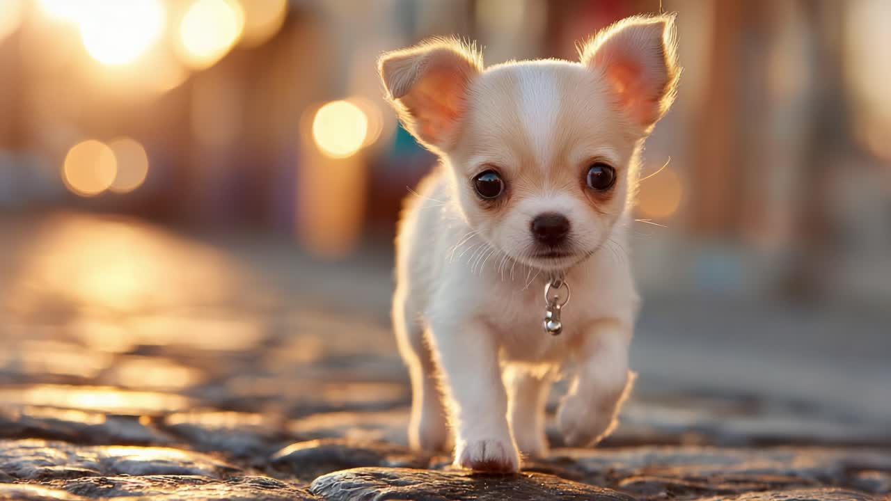 A Playful Chihuahua Pup Strolling on Cobblestone Streets at Sunset, Captured in Two Frames Showcasing Its Adorable Features and Curious Nature