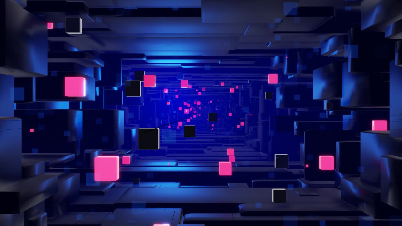 Tunnel mit Neonlicht. Sci-Fi-Hintergrund, Flug durch den digitalen Technikraum. Konzept des Hightech-Informationsflusses, Blockchain. 3D-Loop-Hintergrund-Motion-Design, Würfel und Rahmen, Konstruktionen. Dunkler dynamischer Hintergrund.