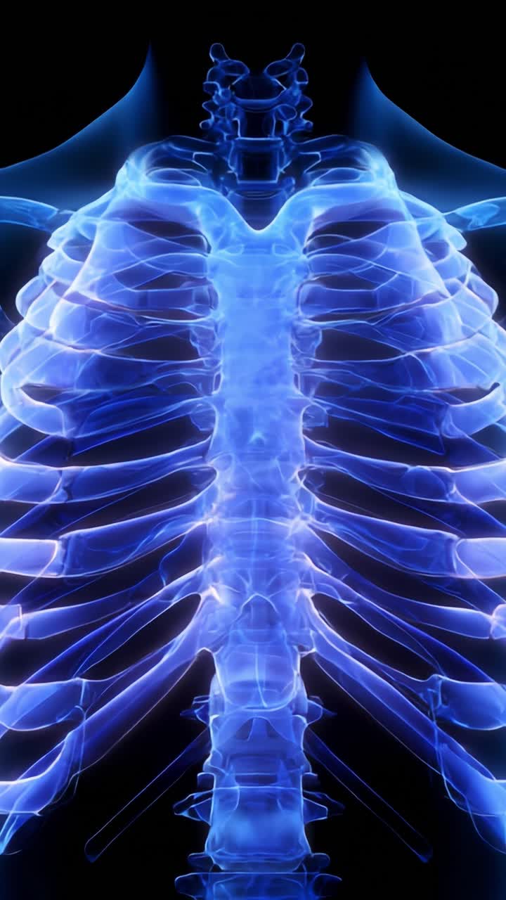 Anatomically Accurate Imaging of the Human Ribcage and Spine with a Neon Blue Glow, Highlighting the Intricate Structure of Bones and Cartilage Framework