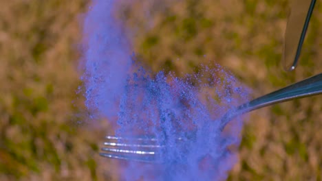 blue chalk powder on a metallic fork being struck by a knife and making the powder explode and form into a colorful cloud in slow motion during summer time while sun is shining