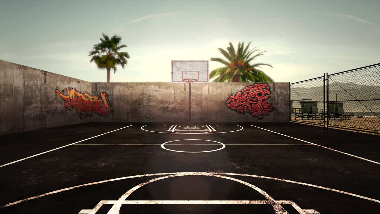 Panorama of city landscape with empty basketball court and many palms in park sunset summer day