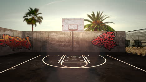 Panorama-of-city-landscape-with-empty-basketball-court-and-many-palms-in-park-sunset-summer-day