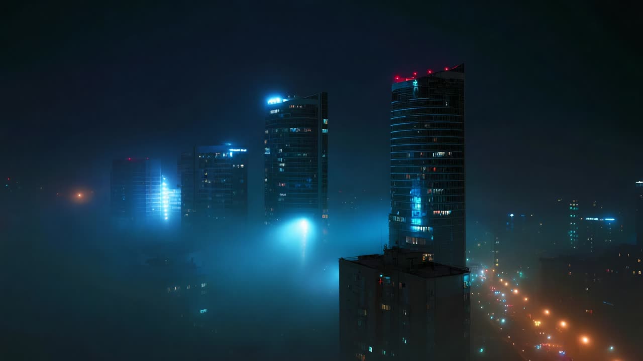 An Atmospheric Cityscape: A Drenched in Mist Urban Night View Showcasing Illuminated Skyscrapers and Soft, Ethereal Lighting Emitting From the Buildings Amidst a Dense Layer of Fog