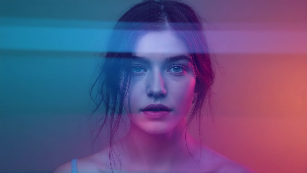 Opening shot sending colored bands sliding across female model on gradient backdrop revealing gaze