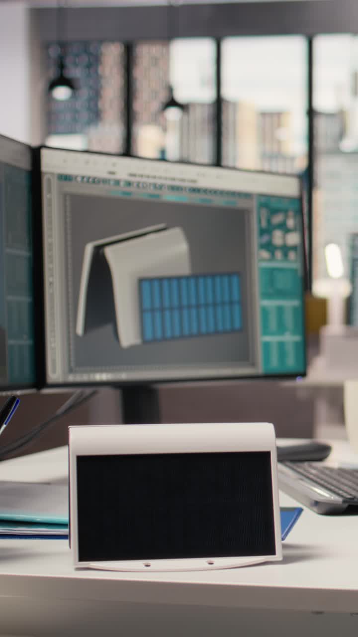 Close up of compact solar powered device in engineering office