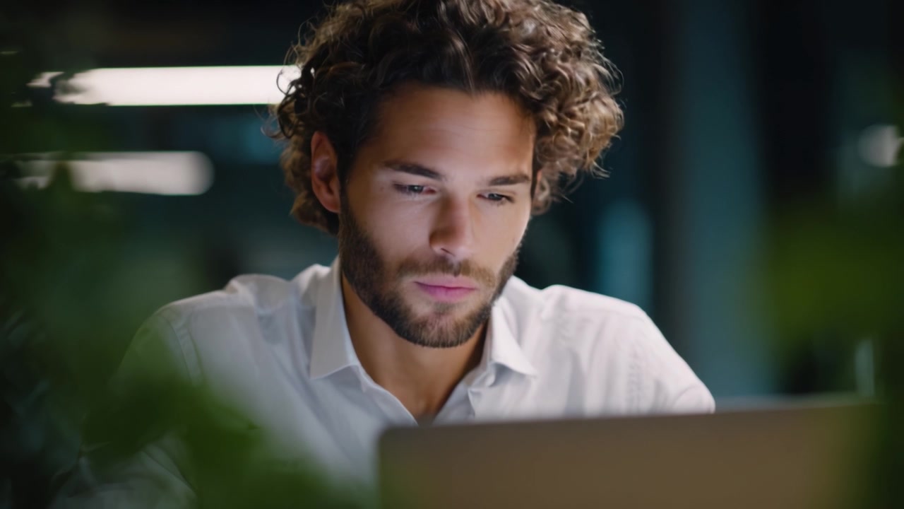 Focused professional working late at night on a laptop, deeply engaged in tasks amidst a calming indoor setting surrounded by soft lighting and greenery.