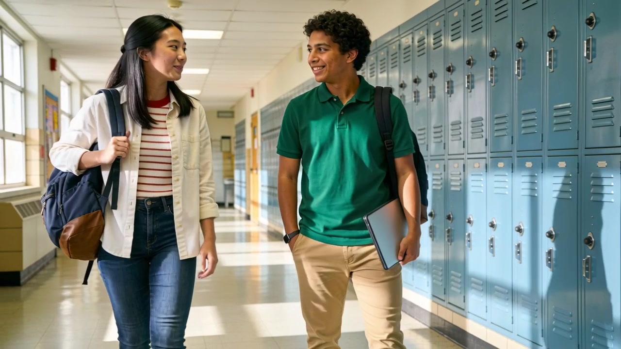 Walking two students entering frame, chatting in school hallway with lockers, laptop, green polo