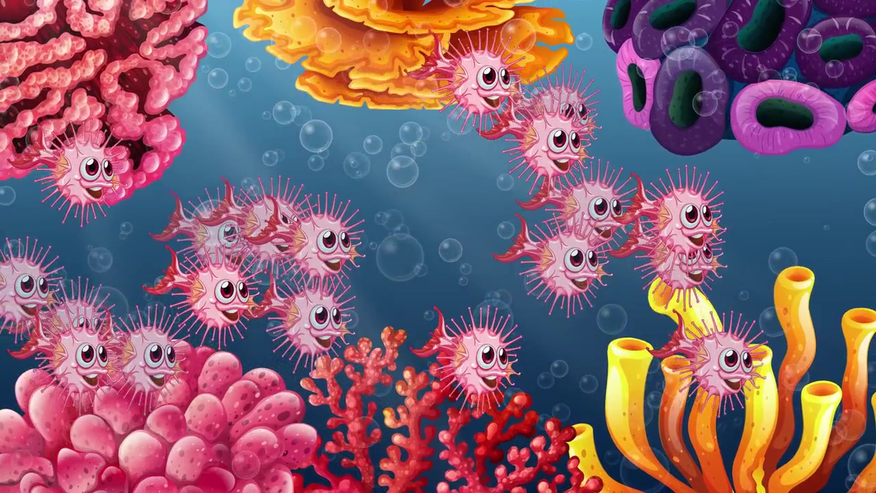 Pesce palla rosa cartone animato nuota attraverso una vivace barriera corallina con bolle e raggi di luce