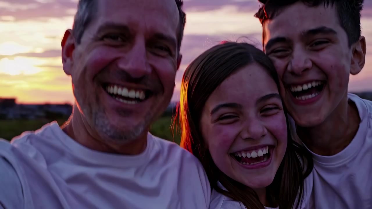 Padre e hijos tomándose una selfie al aire libre al atardecer