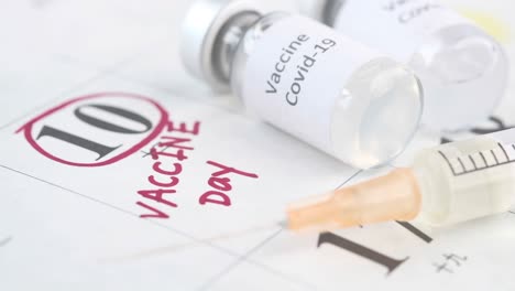 vaccine day concept glass ampoule with vaccine and syringe on calendar