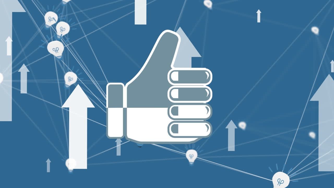 Animation of like icon and arrows over network of connections on blue background