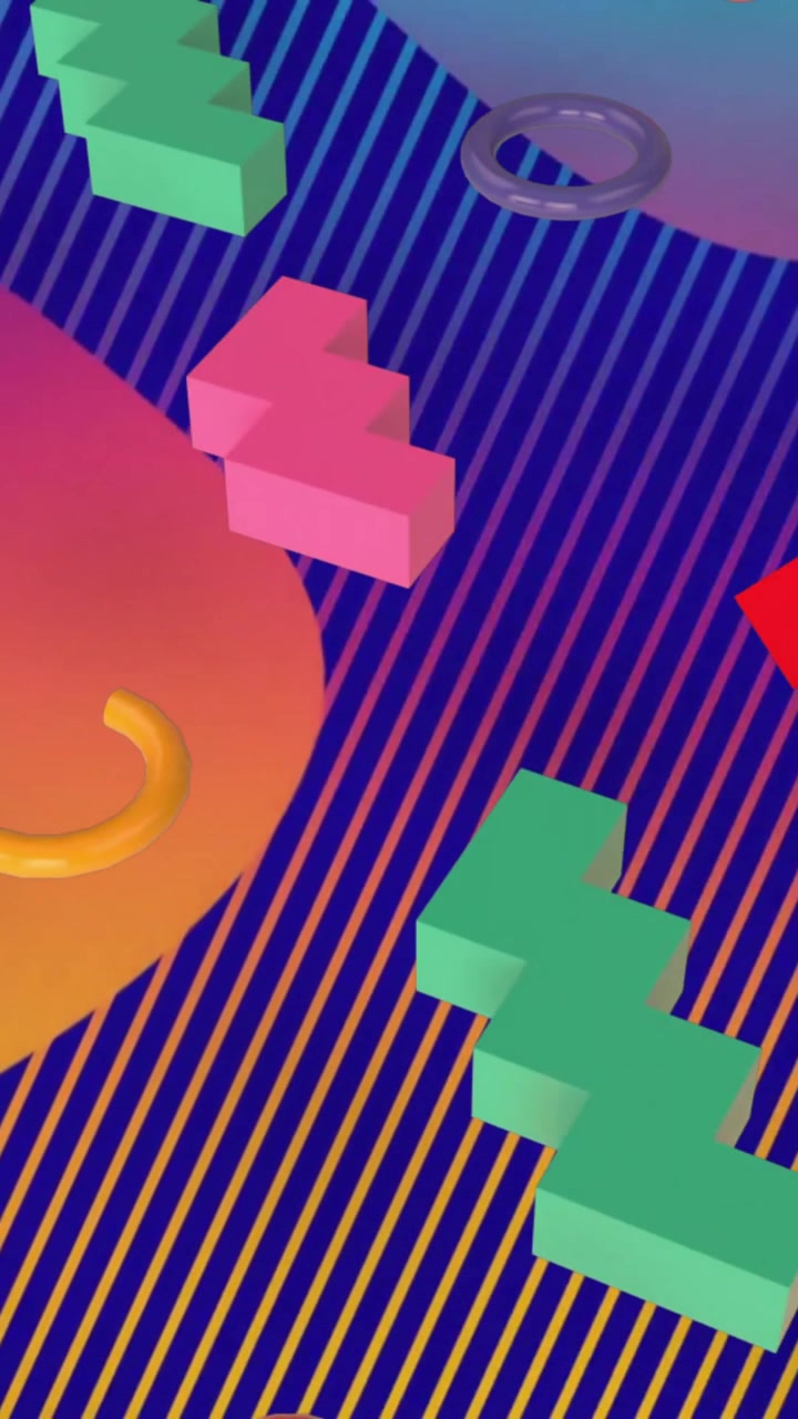 Colorful geometric shapes and patterns animation over striped background