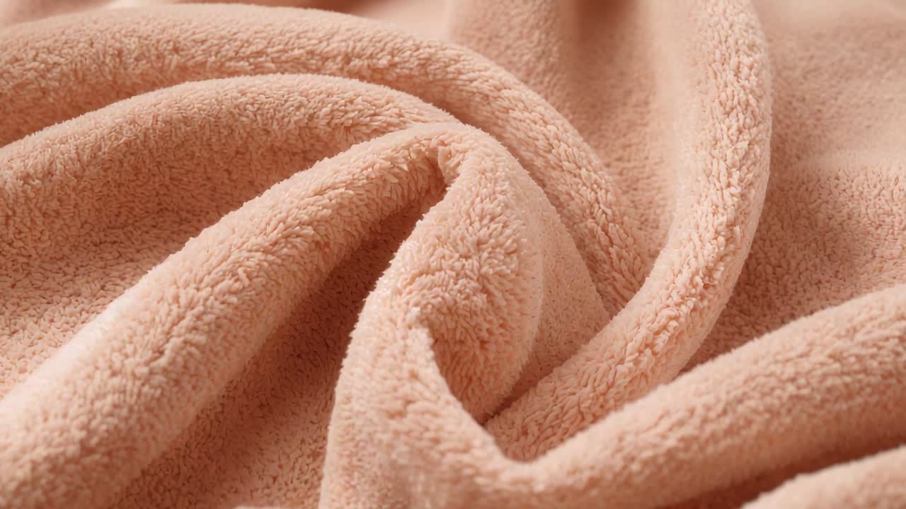 Angolazione della camera e zoom che mostrano una piega a spirale di peluche color pesca in studio, evidenziandone la texture