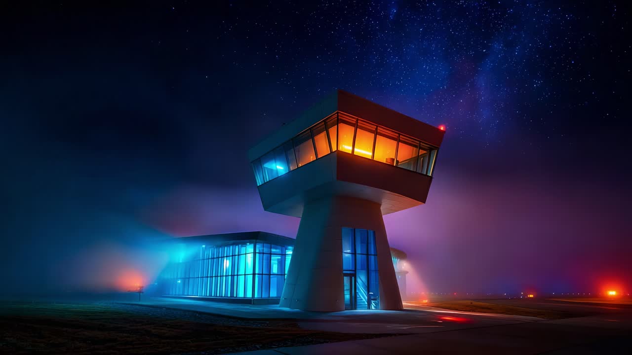 A Stunning Nighttime View of a Modern Control Tower Surrounded by Ethereal Fog and Illuminated by Spectacular Blue and Orange Lighting Under a Starry Sky