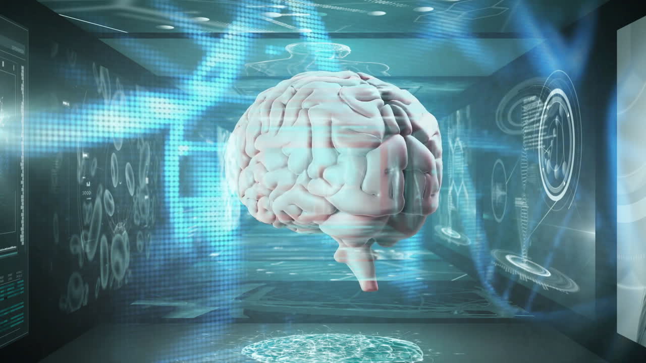 Futuristic digital brain with data processing animation in virtual environment