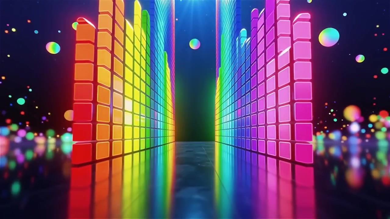Fundo Futurista com Visualizador de Equalizador de Música Neon Arco-Íris.