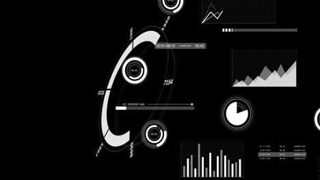 animation of statistical data processing and round scanner over grid network on black background