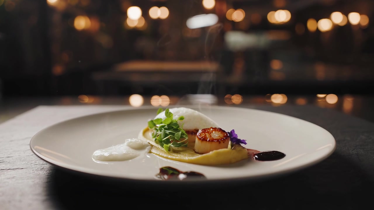 Chef Plating Gourmet Seared Scallops with Microgreens and Sauce