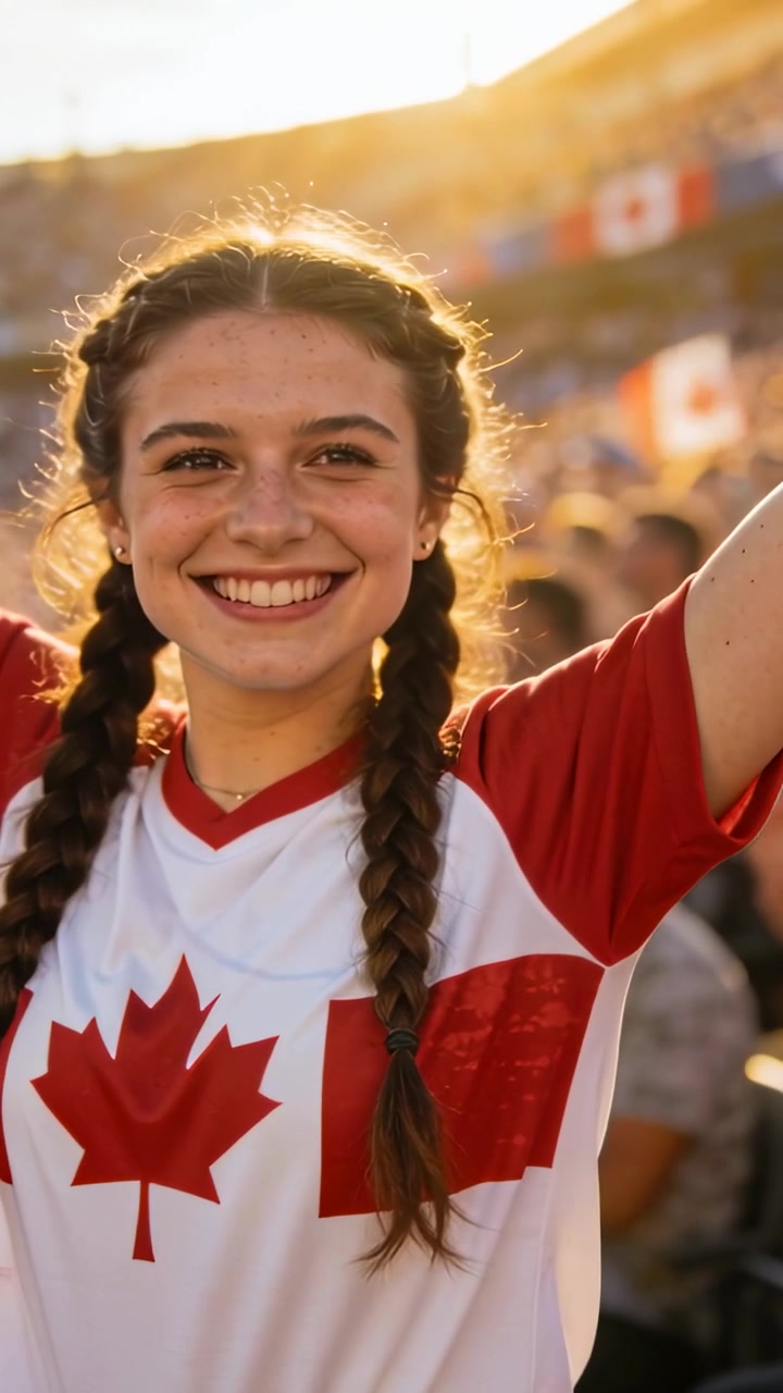 Video vertical: Adolescente sonriente levantando los brazos, animando en un estadio, con equipación y banderas de Canadá y un destello solar