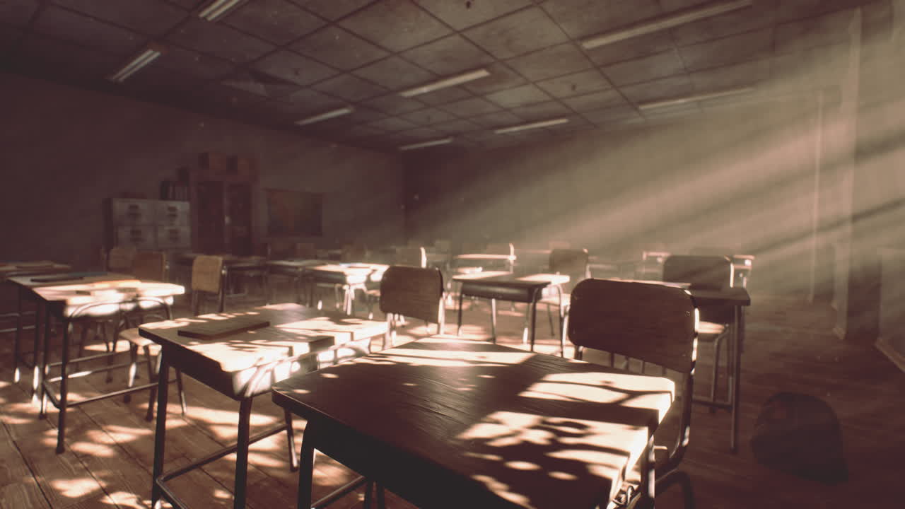 ver el aula con mesas y pequeñas pizarras y paredes sucias