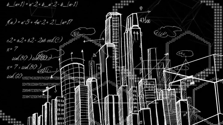 Mathematical equations and formulas floating against cityscape sketch on black background