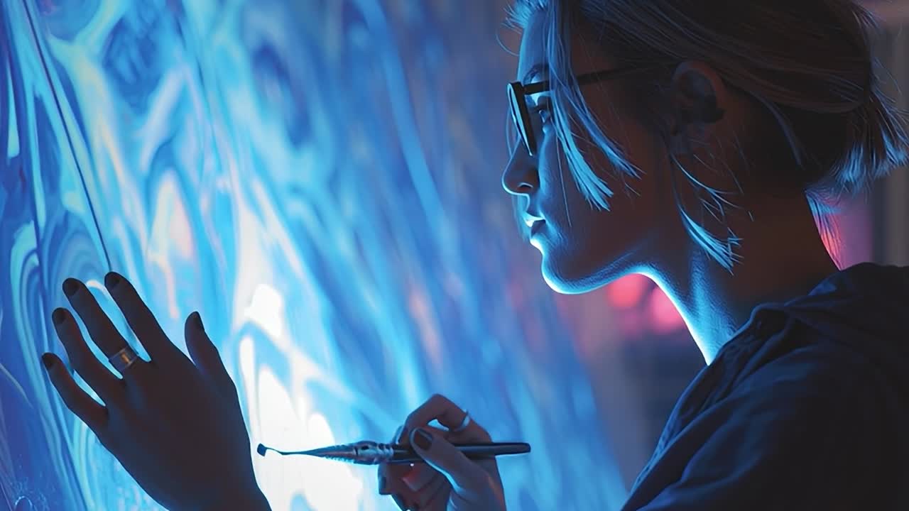 Artist creates colorful abstract mural at night in urban setting