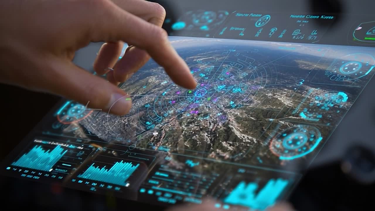 Advanced technology displays geographical data in a futuristic setting